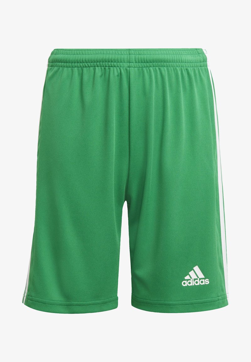 Groene sportshorts van lichtgewicht stof, met een witte drie-streep ontwerp aan de zijkanten en een geborduurd merklok.