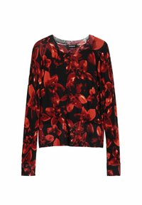 Hosszú ujjú fekete pulóver élénk piros virágmintával, bordázott nyakkivágással és mandzsettával, puha anyagból, amely enyhén testhezálló fazonú.