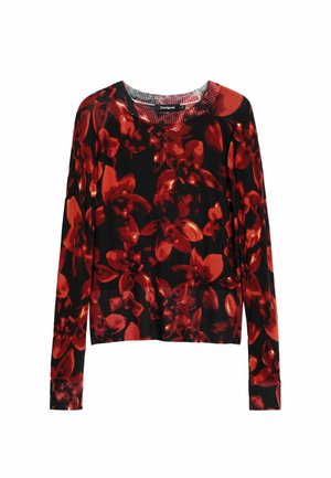 Pulover negru cu mânecă lungă, decorat cu un imprimeu floral roșu vibrant, guler și manșete pliate, confecționat dintr-un material moale cu o formă ușor ajustată.