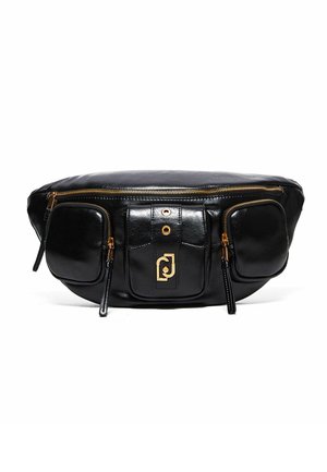 Schwarze Leder-Gürteltasche mit drei Reißverschlusstaschen, goldfarbenen Reißverschlüssen und einer zentralen Klappentasche mit einem goldenen dekorativen Verschluss.