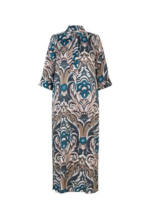 Lang, mønstret kjole med blomsterdesign i teal, sort og beige. Den har krave og brede ærmer, lavet af et glat stof.