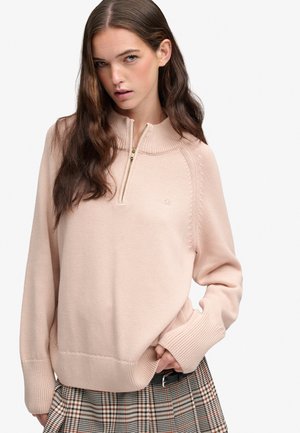 Ung kvinde med langt brunt hår iført en lyserød kvartlynlås sweater og ternet nederdel mod en ensartet baggrund.