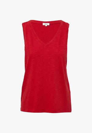 Czerwona bezrękawnikowa bluzka z dekoltem w serek, wykonana z teksturowanej tkaniny. Charakteryzuje się luźnym krojem, przeszytymi brzegami oraz subtelnym wzorem slubowym w całym materiale.