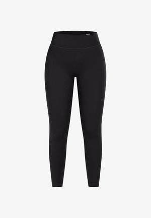 Leggings noirs taille haute fabriqués dans un matériau extensible, présentant une texture lisse et une coupe ajustée sans matériel ou motifs visibles.