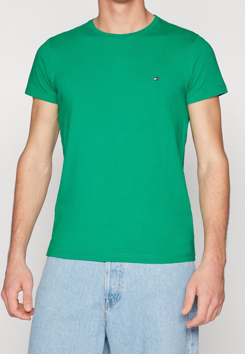 Zielony bawełniany t-shirt z krótkim rękawem, okrągłym dekoltem i małym logo na piersi. Posiada gładką teksturę i klasyczny krój.