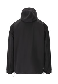 Sort vandtæt jakke med hætte, glat tekstur, lange ærmer og lynlåse ved kanten. Har et enkelt, funktionelt design.