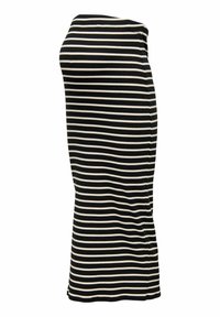 Schwarz-weiß gestreift, figurbetontes Kleid mit einer engen Silhouette, aus weichem Stoff. Verfügt über ein gerades Design und einen abgerundeten Ausschnitt.