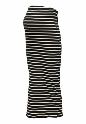 Schwarz-weiß gestreift, figurbetontes Kleid mit einer engen Silhouette, aus weichem Stoff. Verfügt über ein gerades Design und einen abgerundeten Ausschnitt.