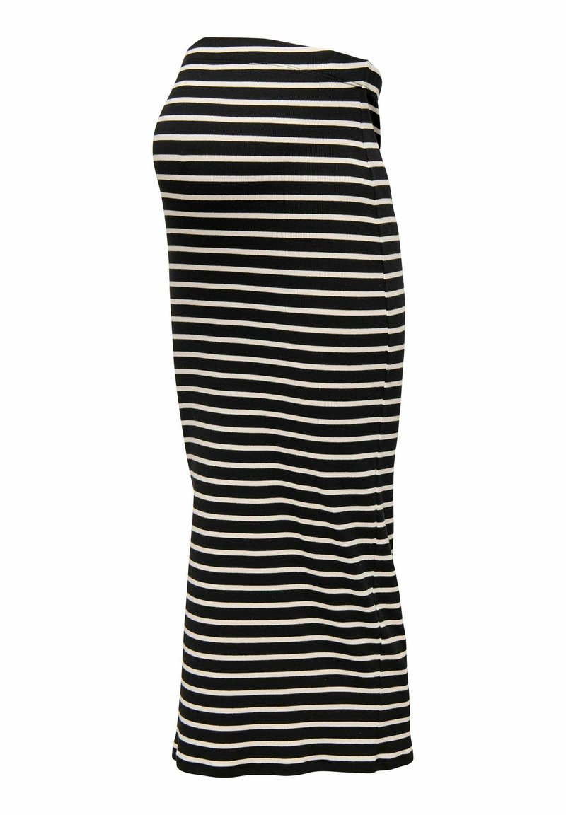 Schwarz-weiß gestreift, figurbetontes Kleid mit einer engen Silhouette, aus weichem Stoff. Verfügt über ein gerades Design und einen abgerundeten Ausschnitt.