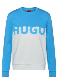 Helles blaues und weißes Sweatshirt mit großem "HUGO"-Logo, Rundhalsausschnitt, langen Ärmeln und gerippten Bündchen. Aus glattem Baumwollmix-Stoff.