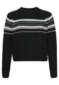 Schwarzer Strickpullover mit Rundhalsausschnitt und langen Ärmeln, mit horizontalen Streifen in Grau und Weiß über der Brust und an den Ärmeln.