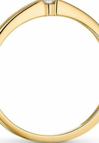 Goldfarbener Ring mit einer glatten, polierten Oberfläche und einer runden Form. Hat einen zentralen Diamantakzent. Einfaches und elegantes Design.