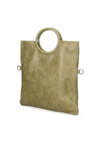 Groene draagtas van textuurleer, met een ronde uitsparing als handvat, vierkante vorm en metalen hardwareaccenten aan de zijkanten.