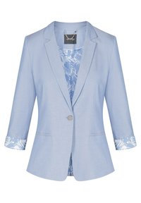 Svetle modrý blazer s jedním knoflíkem, upravený střih a květinovým vzorem na manžetách a vnitřní podšívce. Vyrobeno z jemného materiálu.