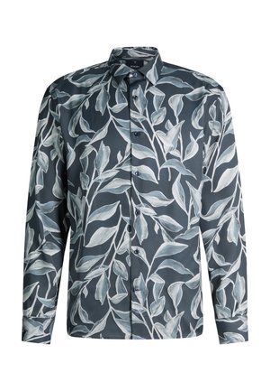 Herrenshirt mit langen Ärmeln zum Knöpfen, dunklem Hintergrund und großem weißem und grauem Blattmuster.