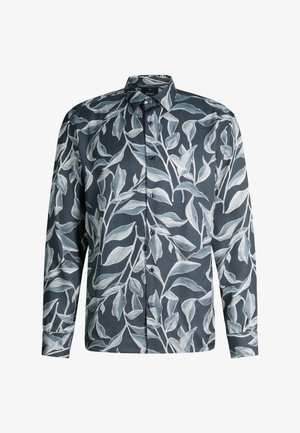 Herrenshirt mit langen Ärmeln zum Knöpfen, dunklem Hintergrund und großem weißem und grauem Blattmuster.