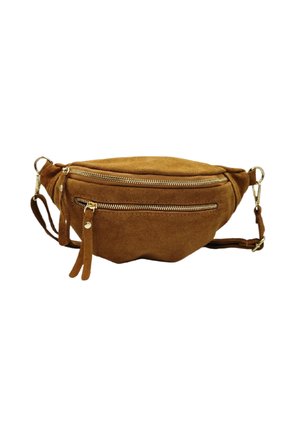 Sac banane en daim marron avec une forme arrondie, présentant deux zips dorés à l'avant, une sangle détachable et des détails en frange.