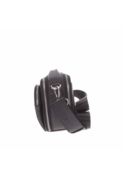 Borsa a tracolla nera con zip argentate, realizzata in materiale testurizzato. Presenta una tracolla staccabile e ha una forma arrotondata con dettagli delicati.