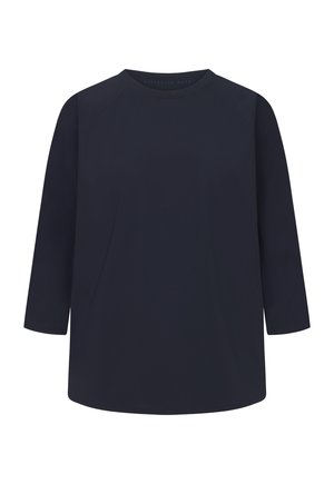 Navy blue top with three-quarter sleeves, crew neckline, and smooth fabric. Features a relaxed fit and minimalistic design.