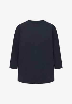 Navy blue top with three-quarter sleeves, crew neckline, and smooth fabric. Features a relaxed fit and minimalistic design.