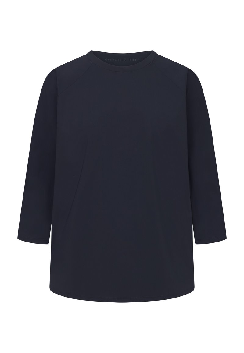Marineblaues Oberteil mit dreiviertel Ärmeln, Rundhalsausschnitt und glattem Stoff. Verfügt über einen lockeren Schnitt und ein minimalistisches Design.