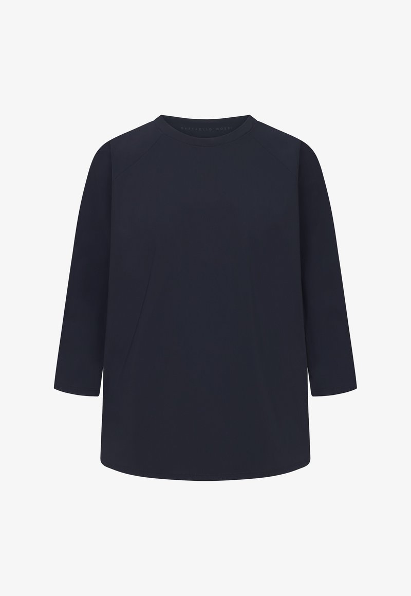 Marineblaues Oberteil mit dreiviertel Ärmeln, Rundhalsausschnitt und glattem Stoff. Verfügt über einen lockeren Schnitt und ein minimalistisches Design.