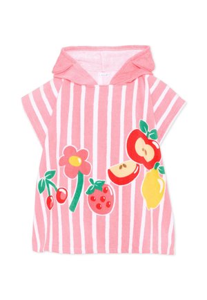 Poncho con cappuccio per bambino piccolo a righe rosa e bianche con stampe di ciliegia, fiore, fragola, mela e limone sul davanti.