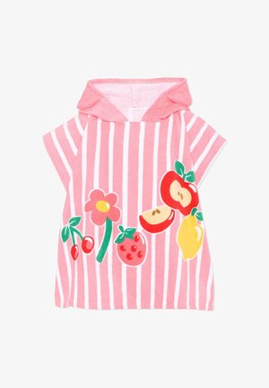 Poncho con cappuccio per bambino piccolo a righe rosa e bianche con stampe di ciliegia, fiore, fragola, mela e limone sul davanti.