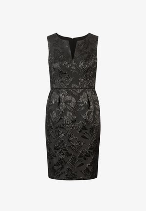 Schwarzes Kleid mit ärmellosem Design, strukturiertem Blumenmuster, V-Ausschnitt und enger Silhouette mit Taillenband.