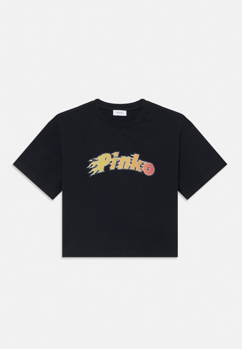 Čierne bavlnené tričko s krátkymi rukávmi a klasickým okrúhlym výstrihom, s multicolorným logom "Pinko" s ohnivými akcentmi.