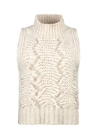 Cremefarbene ärmellose Strick-Weste mit hochgezogenem Rippkragen und strukturiertem Zopfmuster auf der Vorderseite.