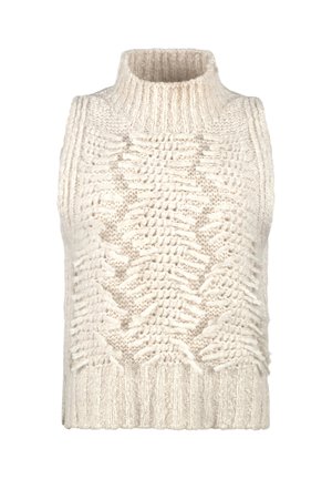 Cremefarbene ärmellose Strick-Weste mit hochgezogenem Rippkragen und strukturiertem Zopfmuster auf der Vorderseite.