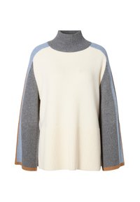 Pull à col roulé en crème clair avec une texture côtelée, doté de manches en coloris blocs gris, bleu et marron, et d'une coupe décontractée.