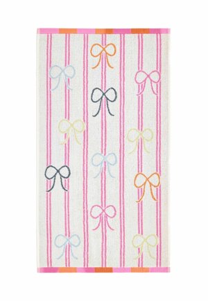 White rectangular towel with pink vertical stripes and colorful bow patterns in orange, blue, black, yellow, and pink arranged evenly.