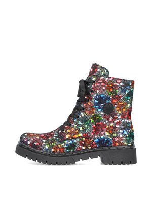Schwarze und mehrfarbige Ankle Boots mit strukturiertem Finish, runder Zehenpartie, Schnürung vorne und dicker Gummisohle mit tiefen Profilen.