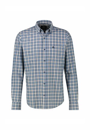 Herre langærmet skjorte med knapper i et blåt og beige ternet mønster. Har en klassisk krave og kontrastknapper. Fremstillet af vævet stof.