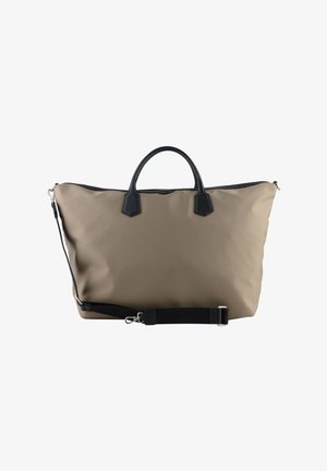 Grand sac de voyage taupe avec poignées noires et bandoulière noire détachable sur fond blanc.