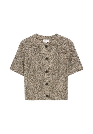 Kurzärmelige Strickjacke mit Rundhalsausschnitt und fünf dunklen Knöpfen auf der Vorderseite in einem gemischten beige-braunen Garnmuster.