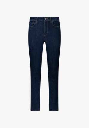 Donkerblauwe denim jeans met een rechte pasvorm, vijf zakken en contrasterende oranje stiksels. Voorzien van een knoopsluiting en riemlussen.