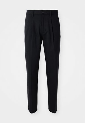 Black tailored trousers with front pleats, button closure, and belt loops, displayed against a white background.