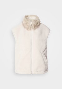 Gilet senza maniche in pile color crema con zip frontale e un morbido colletto beige soffice, dotato di tasche laterali.
