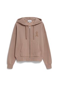 Sweat-shirt à capuche zippé en tissu taupe, doté d'une poche avant, de cordons de serrage et d'un logo en relief subtil sur la poitrine.