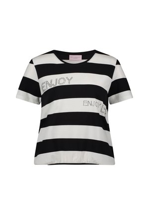 Zwart-wit gestreept T-shirt met korte mouwen, ronde hals en strasssteentjes die "ENJOY" spellen op de voorkant. Zacht katoenen materiaal.