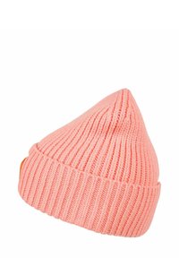 Pink knitted beanie hat with a ribbed texture, featuring a tapered peak and a folded brim design.