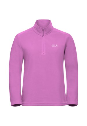Roze fleece pullover met een kwart-ritskraag, lange mouwen en een klein logo op de borst. Zachte textuur, casual ontwerp.
