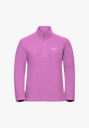 Pull polaire rose avec col zippé au quart, manches longues et petit logo sur la poitrine. Texture douce, design décontracté.