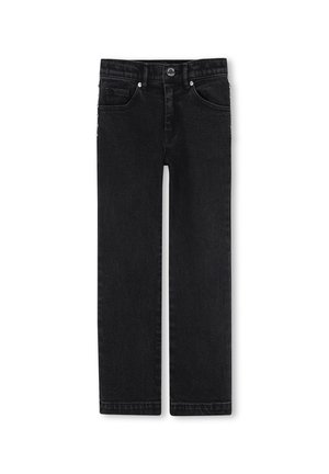 Jean noir droit avec poches avant, passants de ceinture et fermeture par bouton, posé à plat sur un fond blanc.