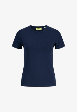 Marineblå bomulds T-shirt med rund halsudskæring og korte ærmer. Blød tekstur og afslappet pasform. Lille label synlig ved halsen.