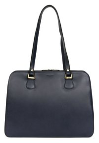 Borsa in pelle di un blu scuro con due manici robusti, dettagli in metallo dorato e una forma rettangolare elegante. Texture liscia e minimalismo nei dettagli.