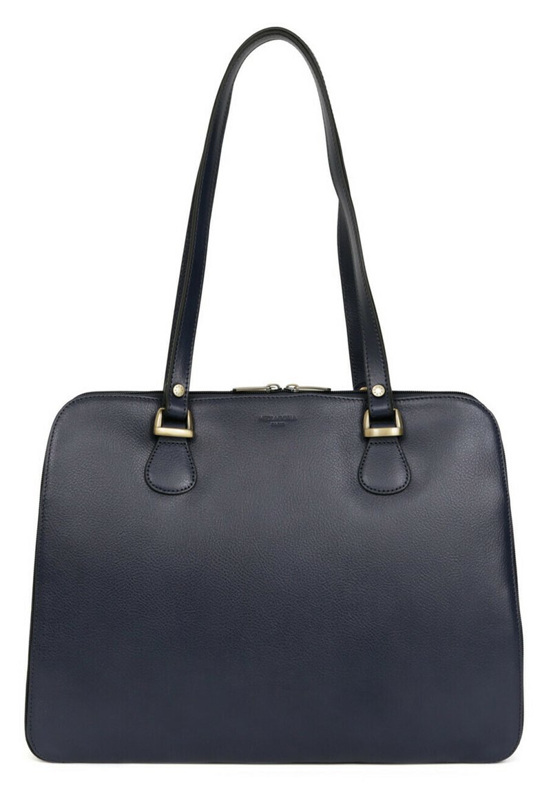 Borsa in pelle di un blu scuro con due manici robusti, dettagli in metallo dorato e una forma rettangolare elegante. Texture liscia e minimalismo nei dettagli.